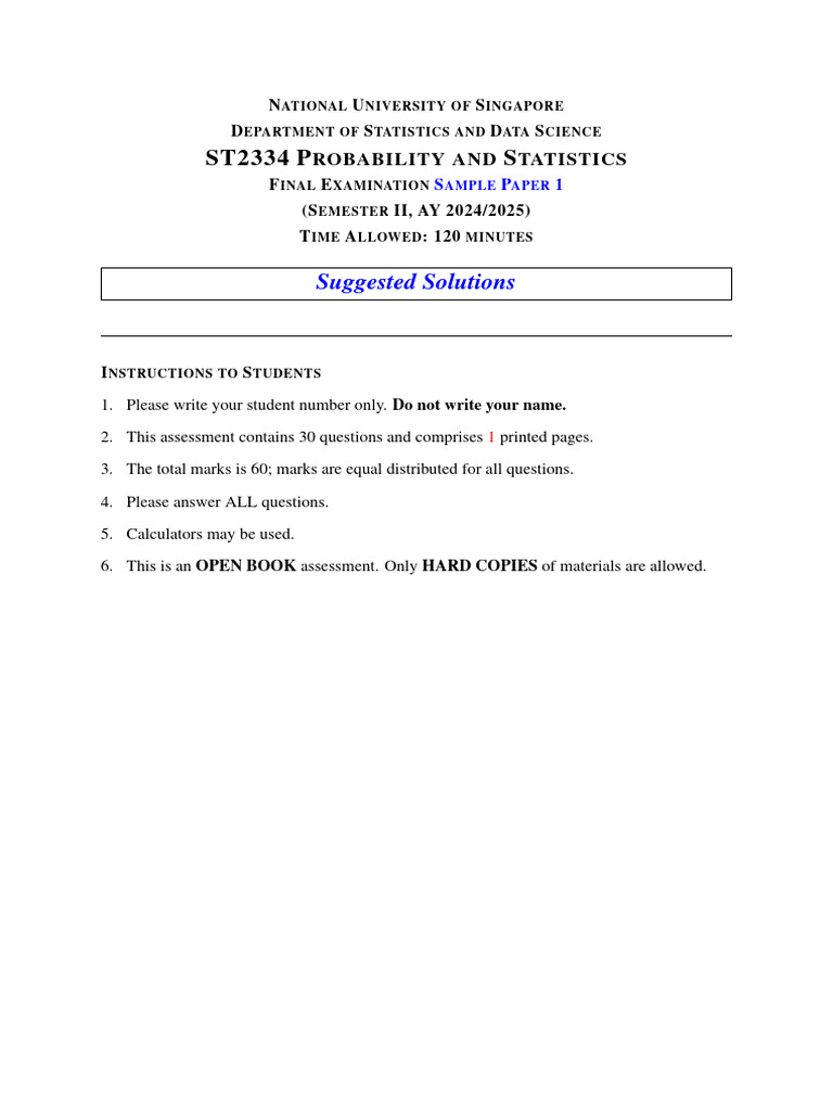 ST2334 Probability & Statistics Exam Paper | PDF | Probability ...