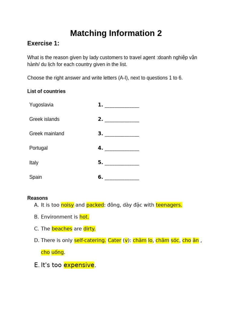 Matching Information-Features Practice 2 | PDF