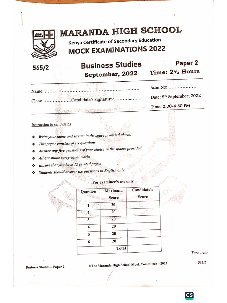 Business Studies P2 MS Maranda High School Mock 2022 | PDF