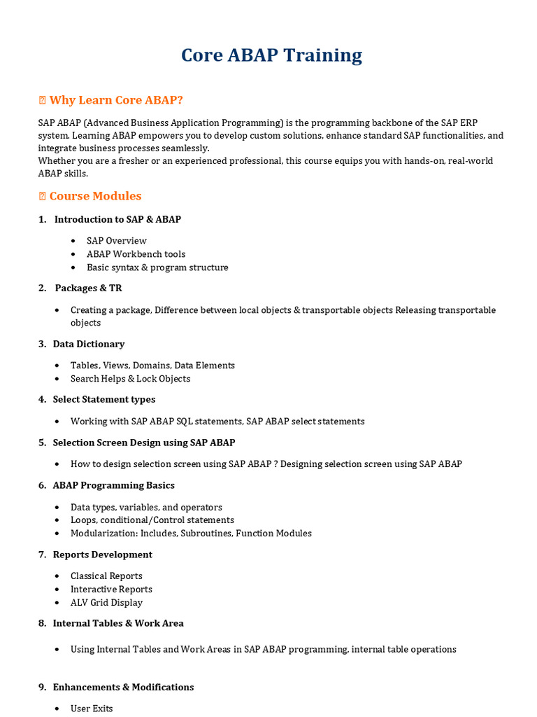 Core ABAP Training Course Overview | PDF
