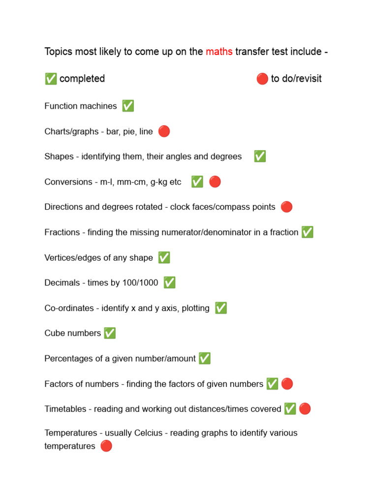 Key Topics for Maths Transfer Test | PDF