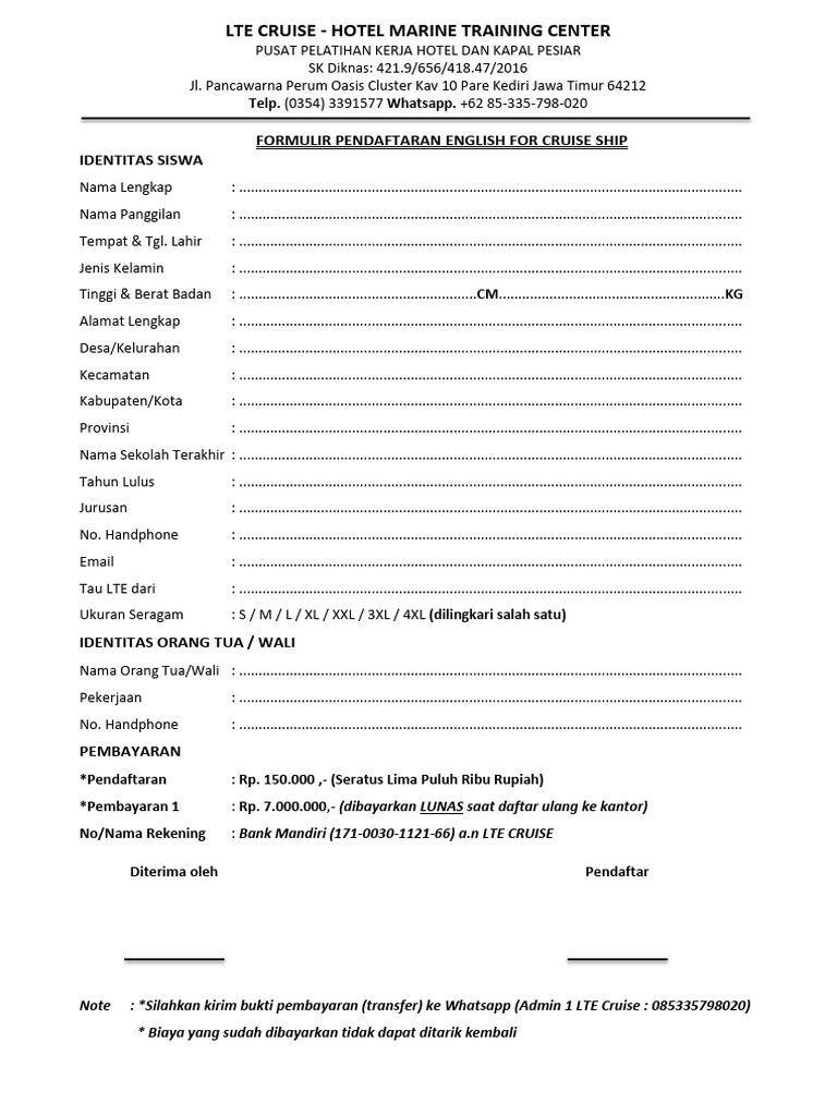 Formulir Pendaftaran English For Cruise Ship - New Juli 2025 | PDF