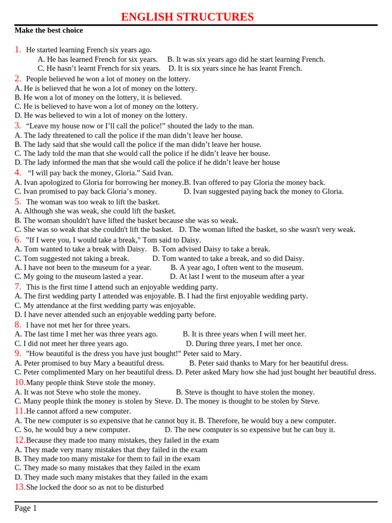 English Structure Exercises for Learners | PDF