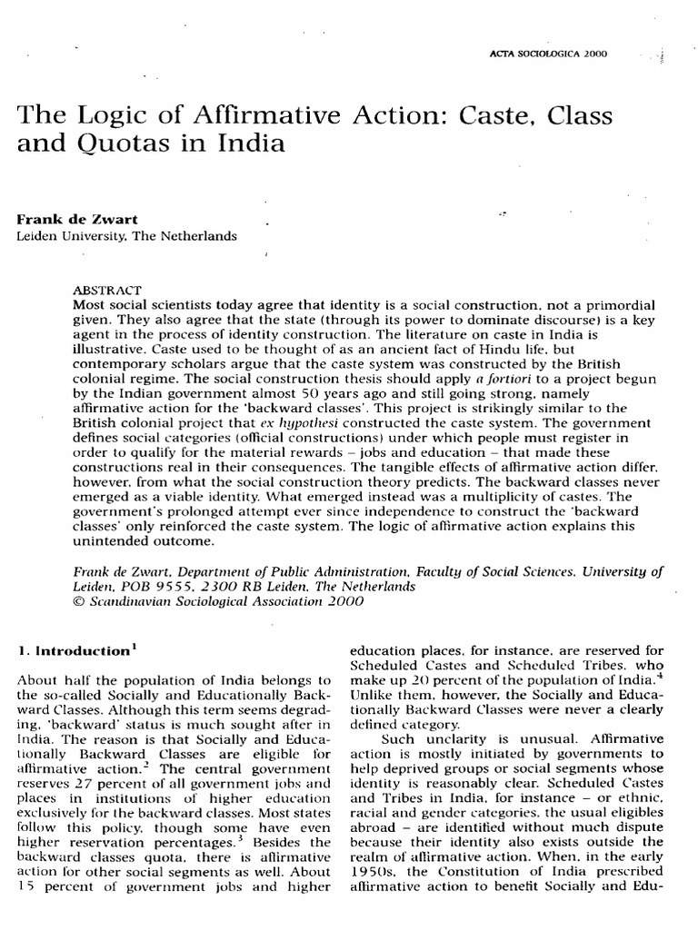 De Zwart 2000 The Logic of Affirmative Action Caste Class and Quotas in ...