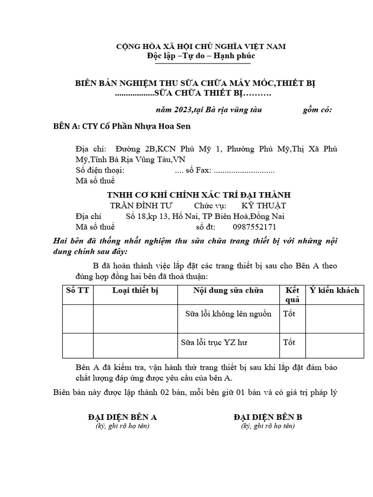 Ban Nghiem Thu Máy Phay CNC Mv65 | PDF