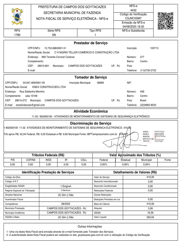 Nota Fiscal de Serviço Eletrônica - Campos RJ | PDF