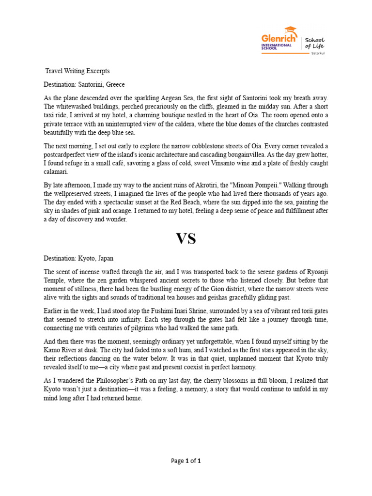 GR 8 - Unit 1.6 - Sample-Travel Writing Excerpts | PDF