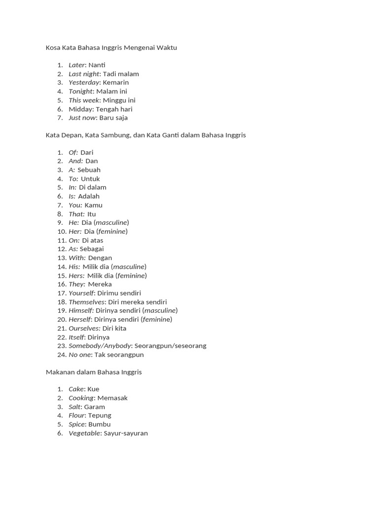 Kosa Kata Bahasa Inggris Lengkap | PDF