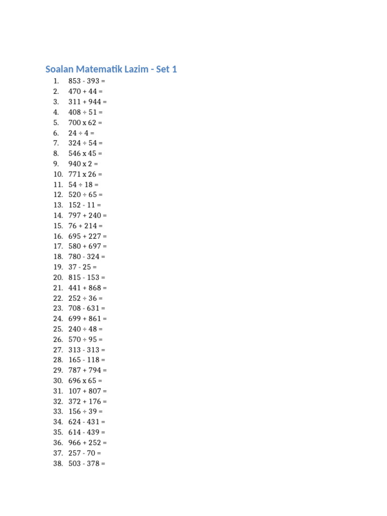Soalan Matematik Lazim Set 1 | PDF