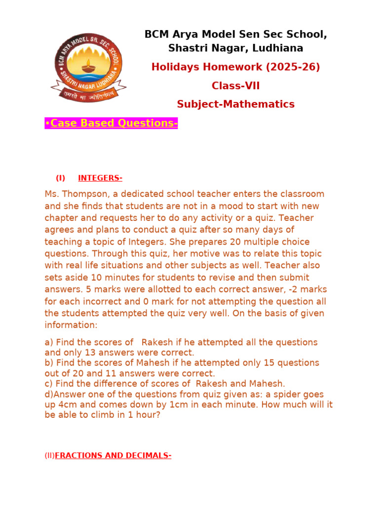 Class VII Math Holiday Homework 2025-26 | PDF