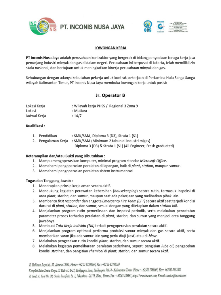 Lowongan Jr. Operator B di Kalimantan | PDF
