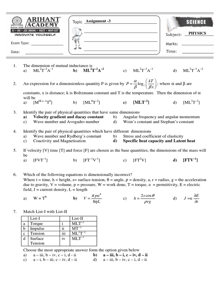 Physics Assignment on Dimensional Analysis | PDF | Physics | Mechanical ...