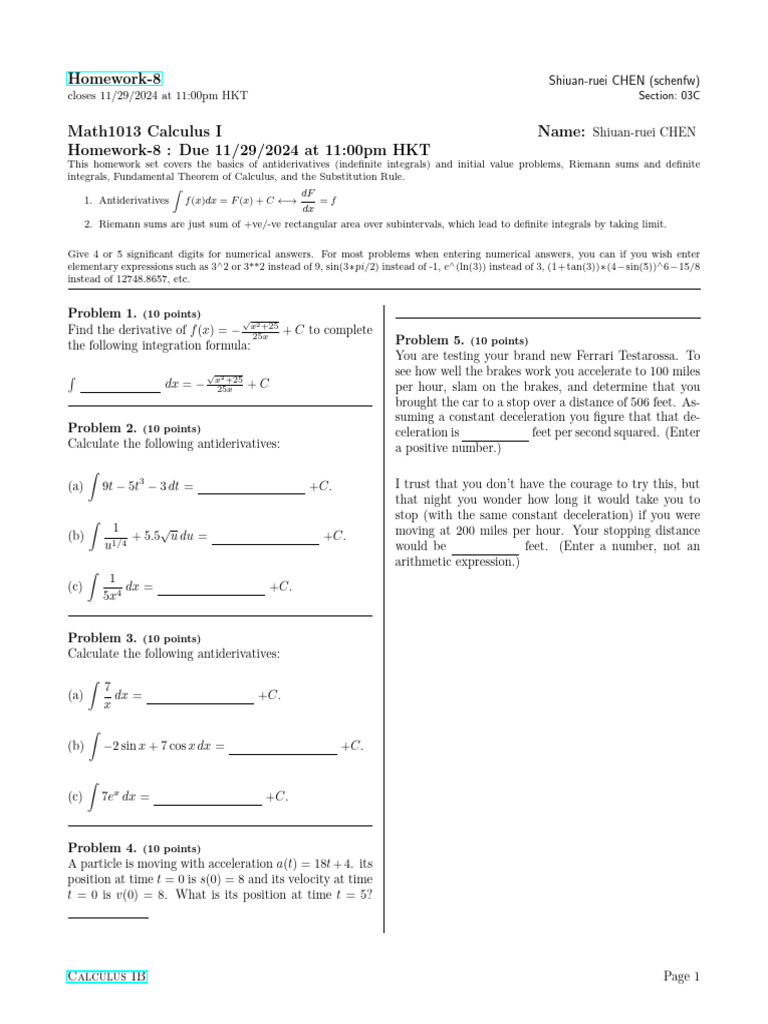 2024 FALL MATH1013.Schenfw - Homework-8 | PDF | Integral | Area