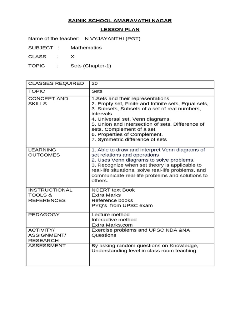Lesson Plan For Class Xi | PDF | Function (Mathematics) | Set (Mathematics)