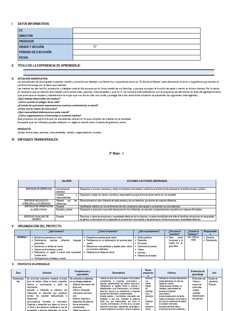 6° - Proyecto - de - Aprendizaje - N°01 SP | PDF | Multiplicación ...
