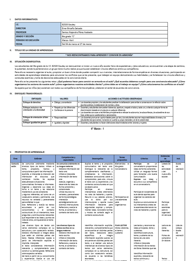 Unidad de Aprendizaje 6to Grado: Convivencia | PDF | Decimal | División ...