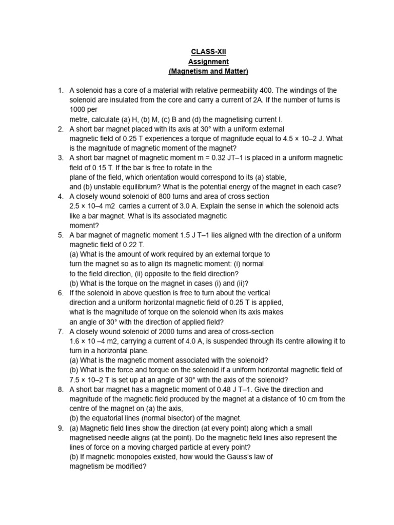 Magnetism and Matter Assignment Solutions | PDF | Magnetic Field ...