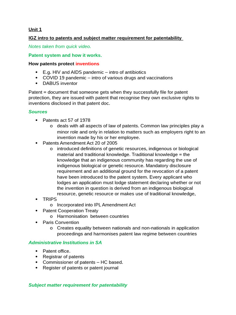 IGZ Notes - Patents and Subjectability | PDF | Patent | Prior Art