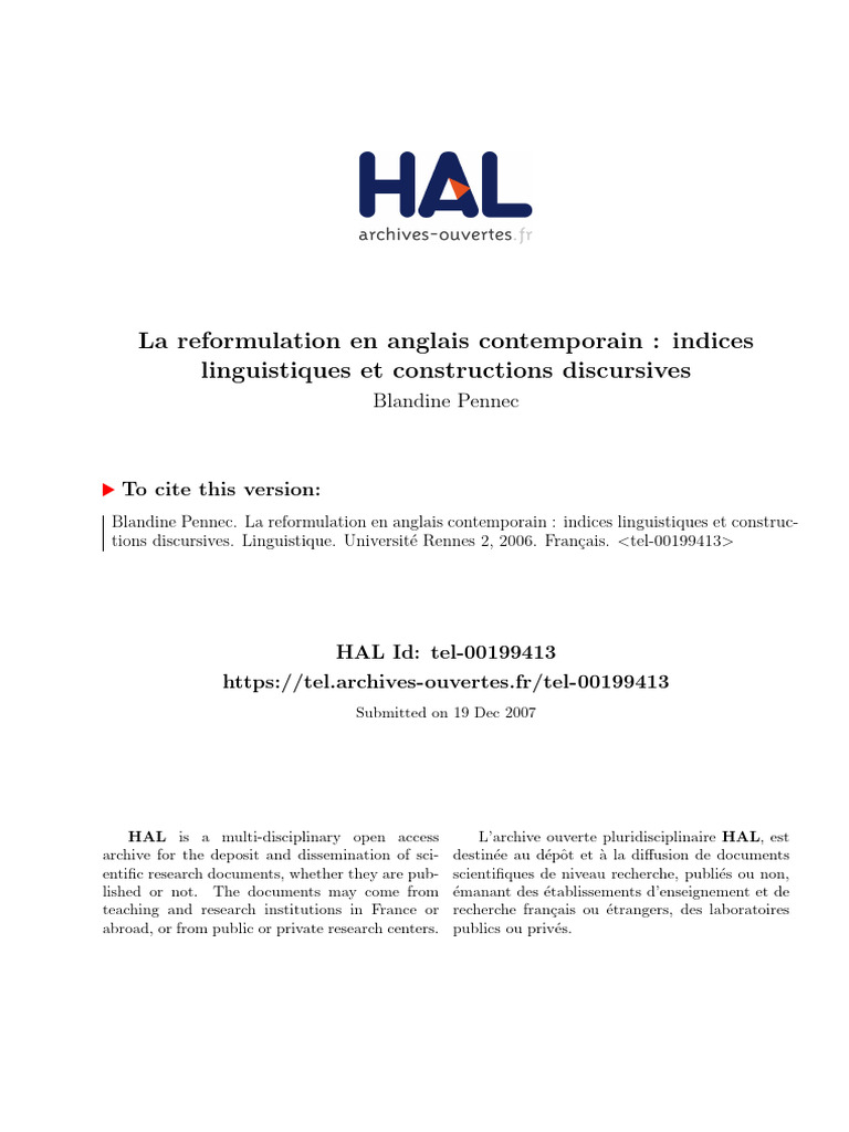 La Reformulation en Anglais Contemporain: Indices Linguistiques Et ...