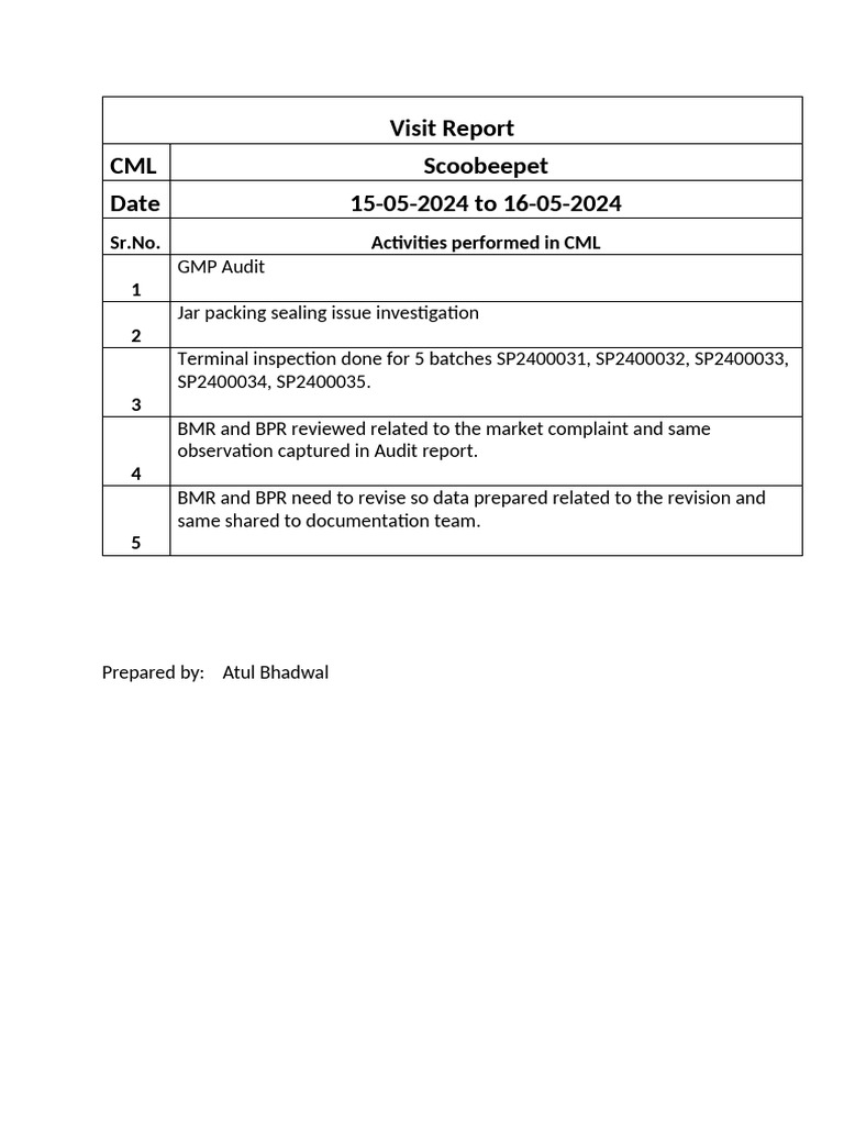 CML GMP Audit Visit Report 2024 | PDF