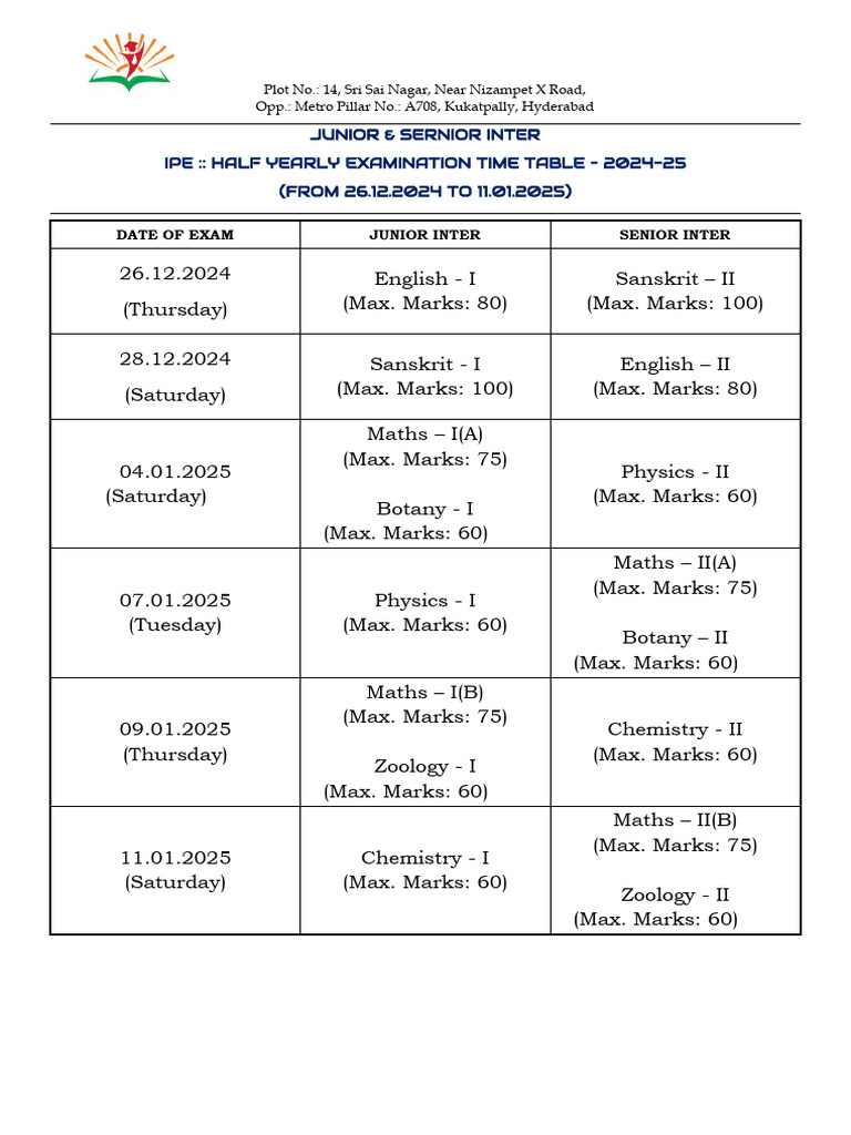 Inter Half Yearly Exam Schedule 2024-25 | PDF | Chemistry | Matter