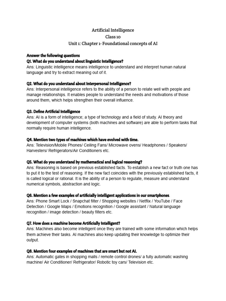 Foundational Concepts of AI for Class 10 | PDF | Artificial ...