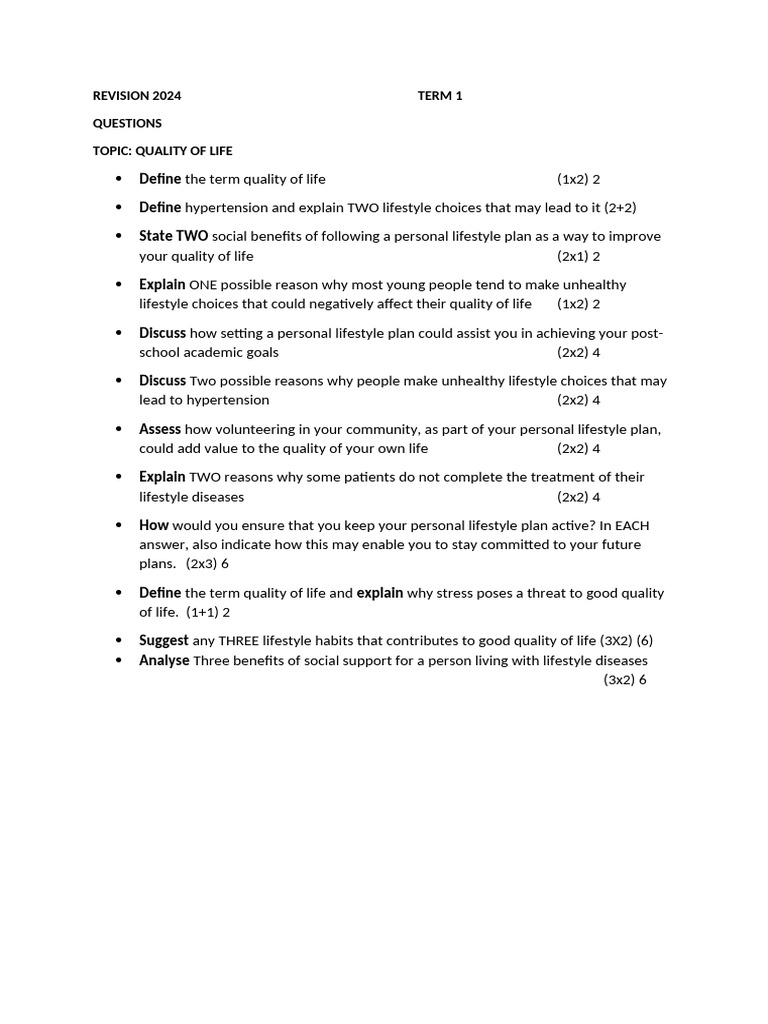 Quality of Life and Lifestyle Choices Guide | PDF