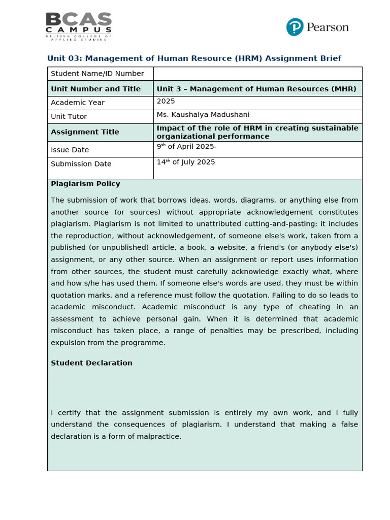 Unit 03 - Management of Human Resource - Assignment Brief 66 67 | PDF ...