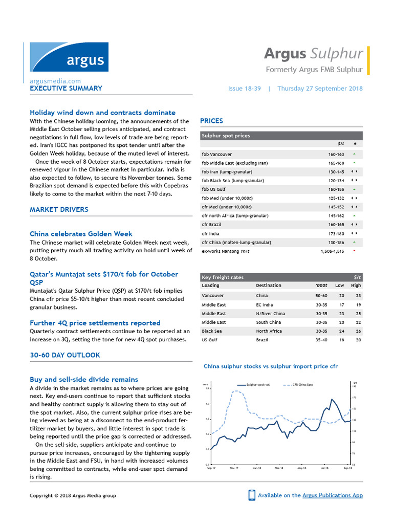 Argus Sulphur Price Update: Sept 2018 | PDF | Cargo