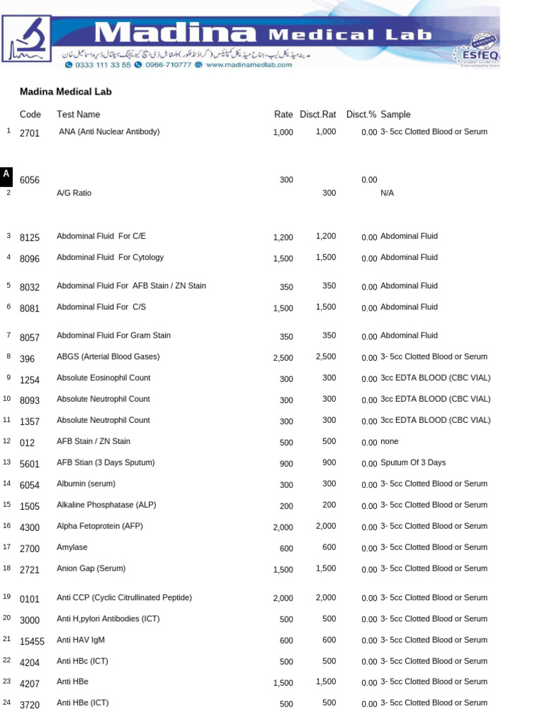 Madina Medical Lab Test Rates List | PDF | Blood Plasma | Prostate ...