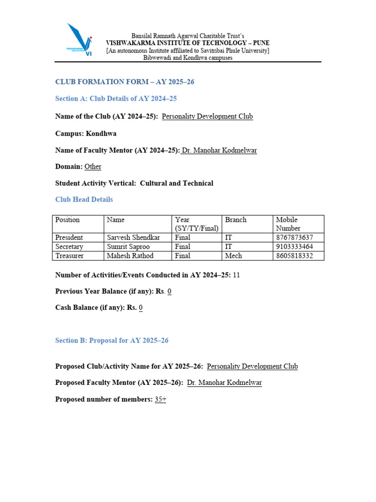 Personality Development Club Proposal 2025-26 | PDF