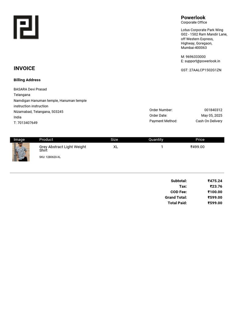 Invoice for Powerlook Order #001840312 | PDF