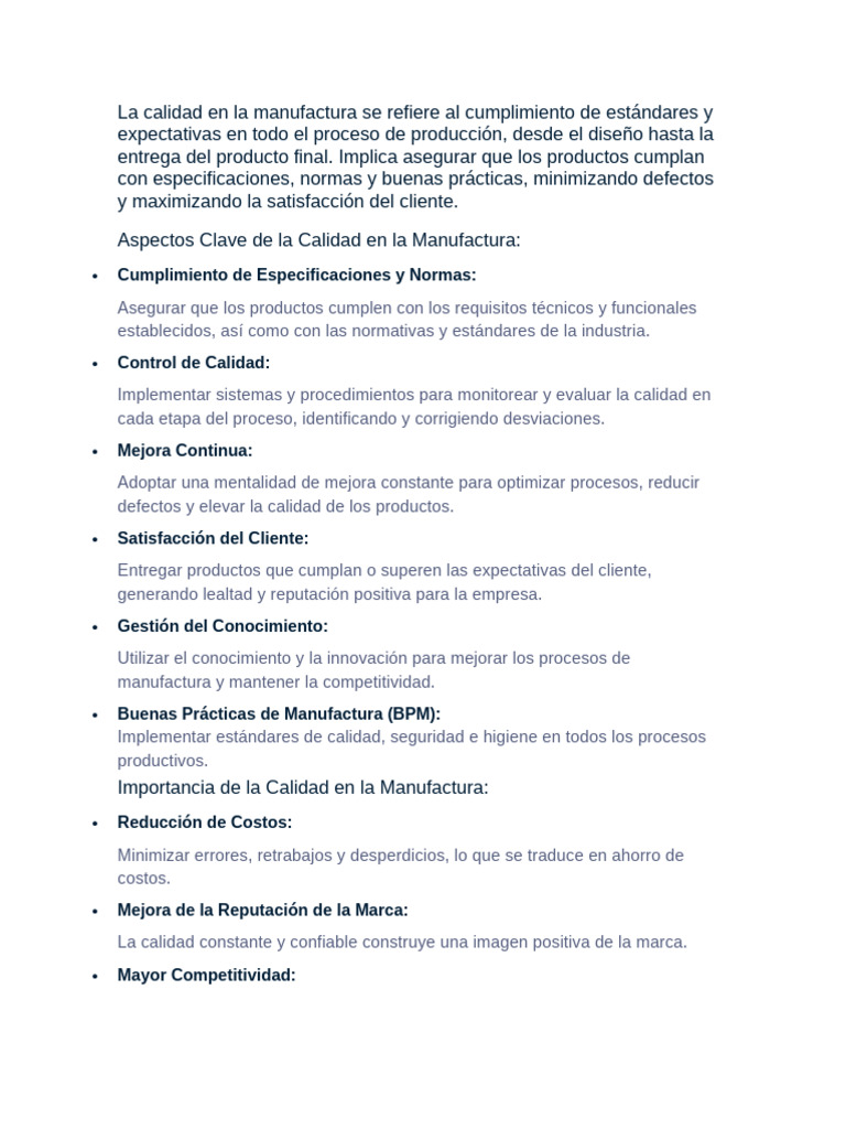Calidad en la Manufactura: Claves y Beneficios | PDF