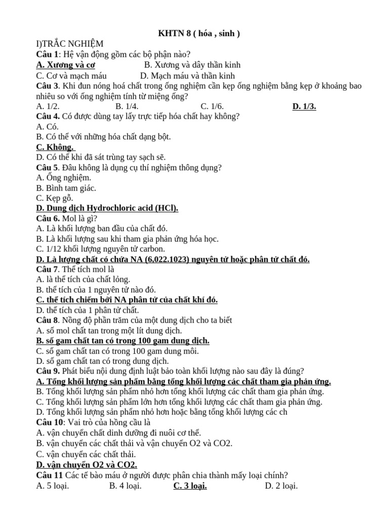 ôn tập học kỳ 1 KHTN 8 | PDF