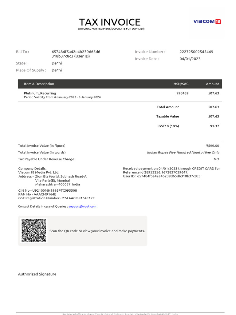 Tax Invoice for Viacom18 Media Pvt. Ltd. | PDF | Invoice | Taxes