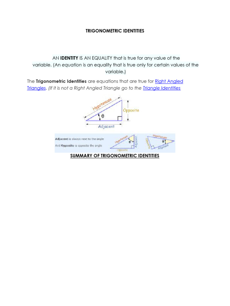 Trigonometric Identities Summary | PDF | Trigonometry | Trigonometric ...