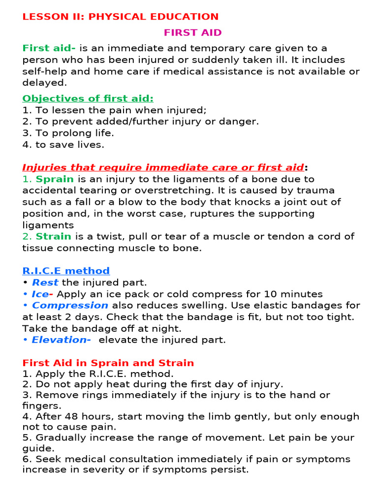 Lesson Ii. P.E First Aid | PDF | Musculoskeletal System | Clinical Medicine