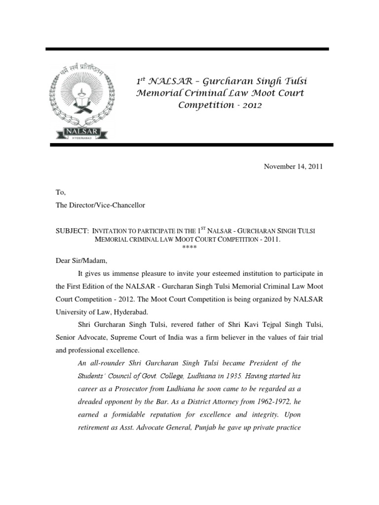 1st NALSARGST Moot, Invitation Letter 2012