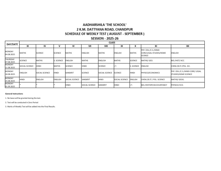 Weekly Test Schedule 2025-26 | PDF