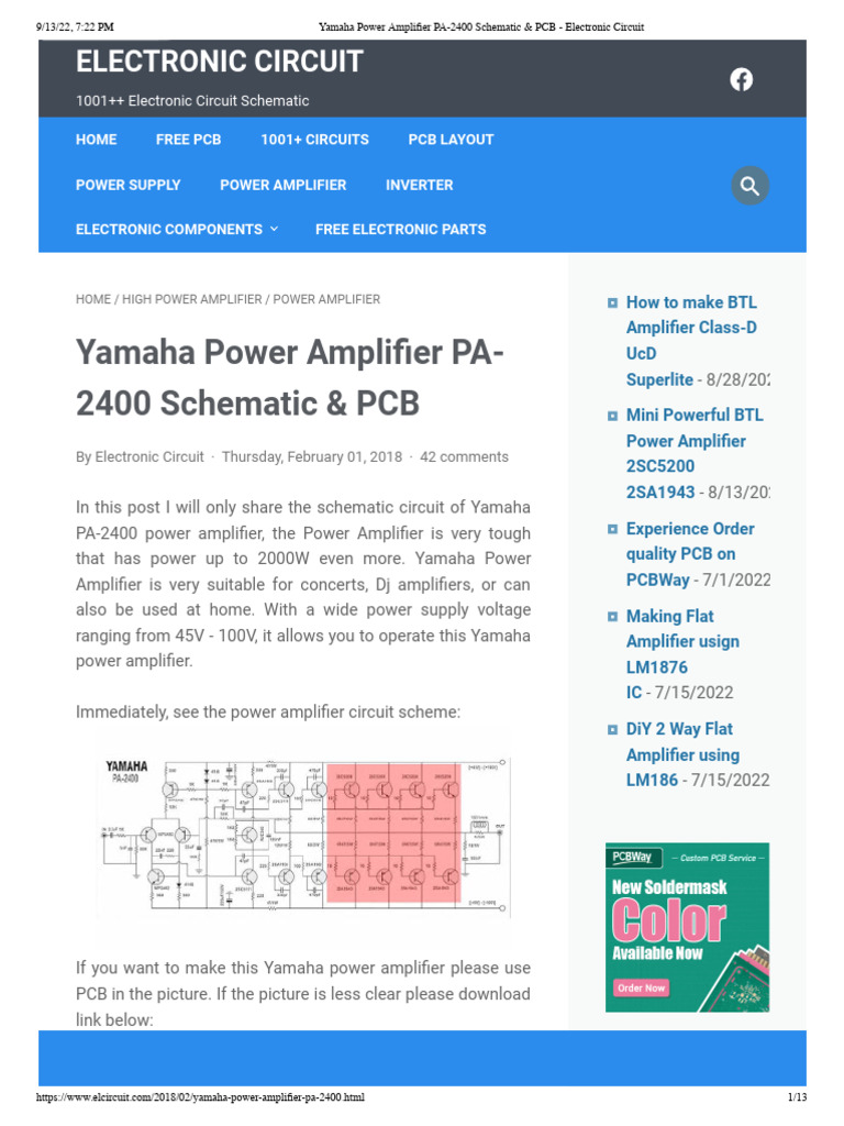 Yamaha Power Amplifier PA-2400 Schematic & PCB | PDF | Amplifier