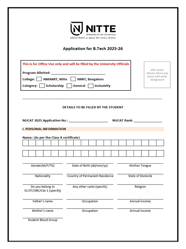 Nitte B.Tech Application Form 2025-26 | PDF | Justice | Crime & Violence