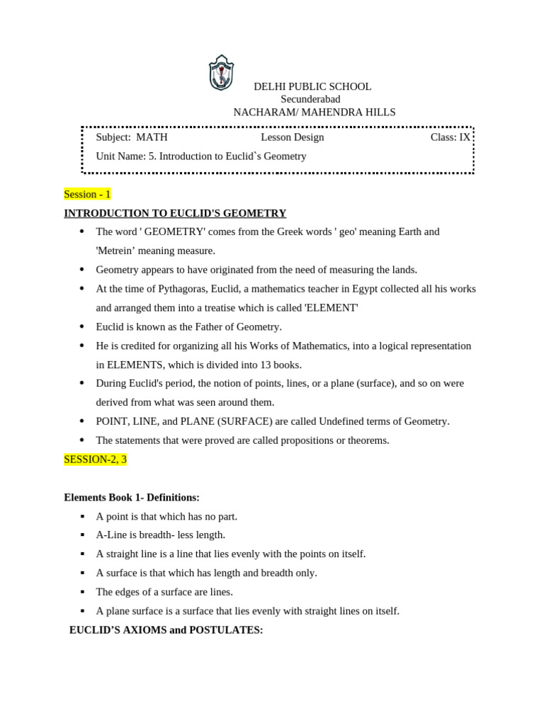 Grade 9 2. L D of Euclids | PDF | Axiom | Line (Geometry)