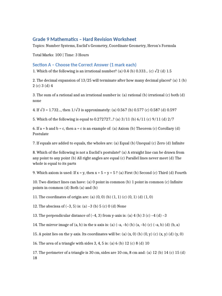 Grade 9 Math Revision Worksheet | PDF | Axiom | Numbers