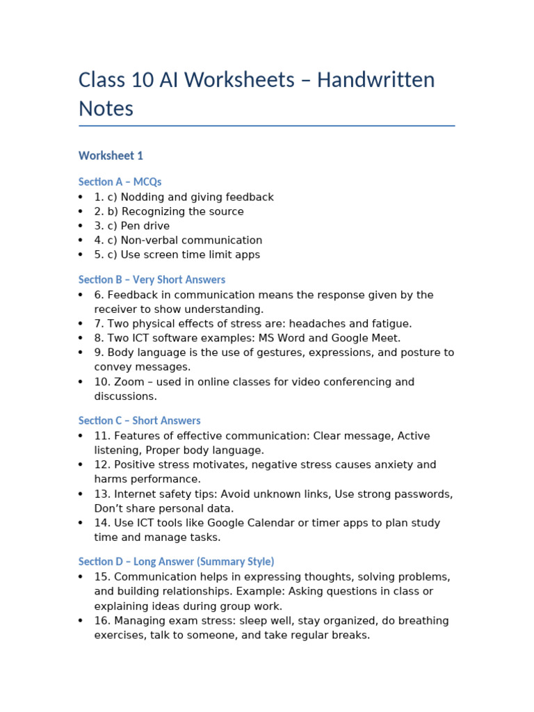 Class 10 AI Notes and Worksheets | PDF