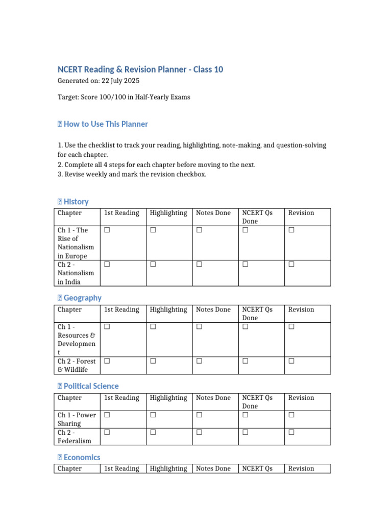 NCERT Class 10 Revision Planner | PDF
