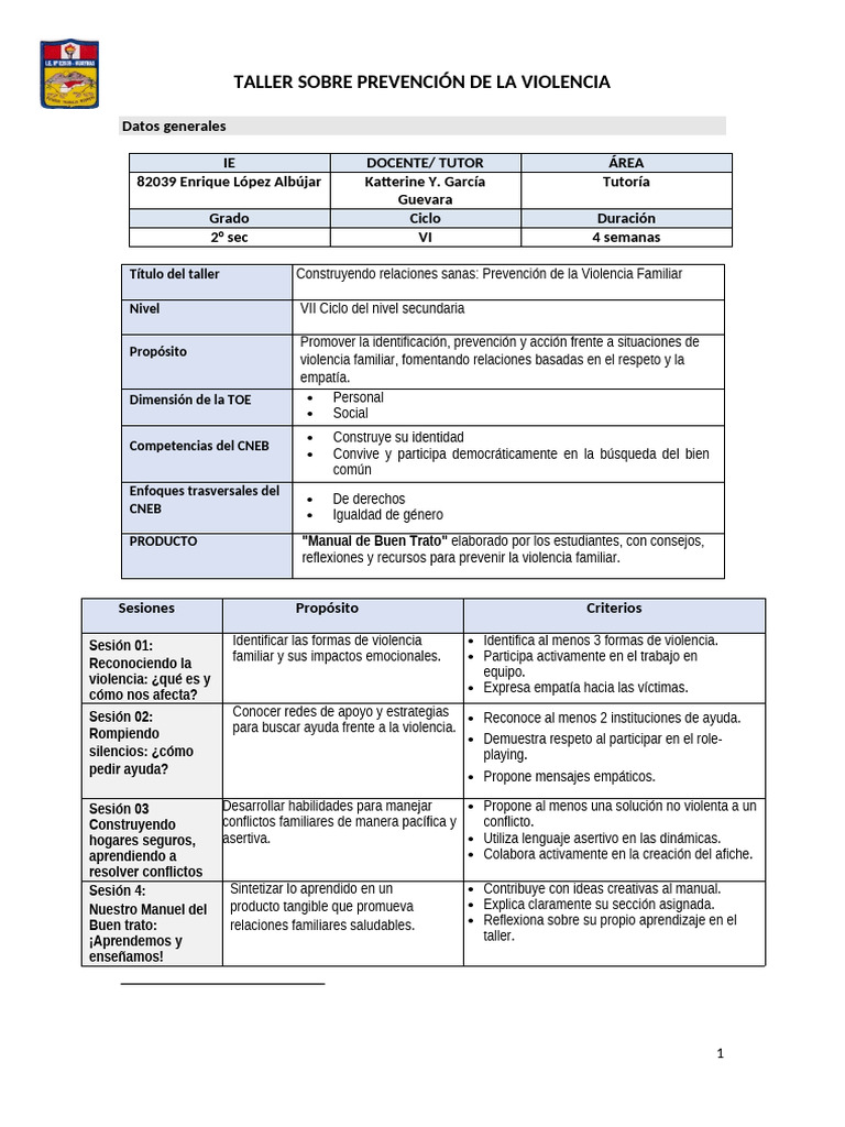 Taller Sobre Prevención de La Violencia para Estudiantes Del Ciclo VI ...
