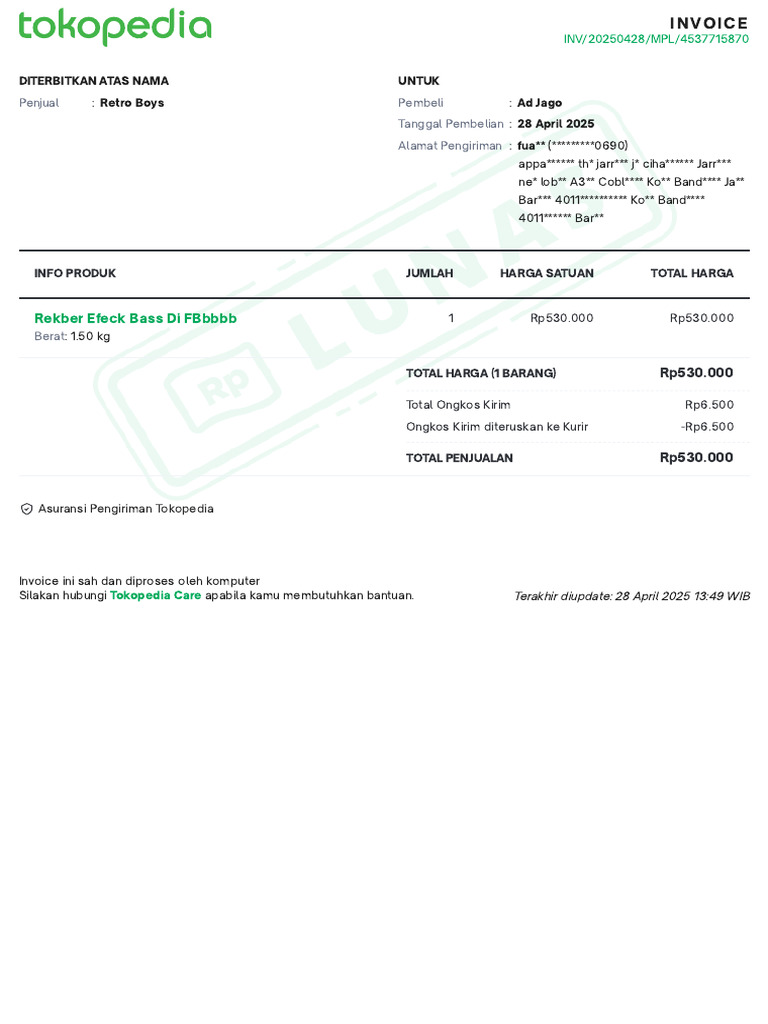 Invoice Pembelian Retro Boys 28 April 2025 | PDF