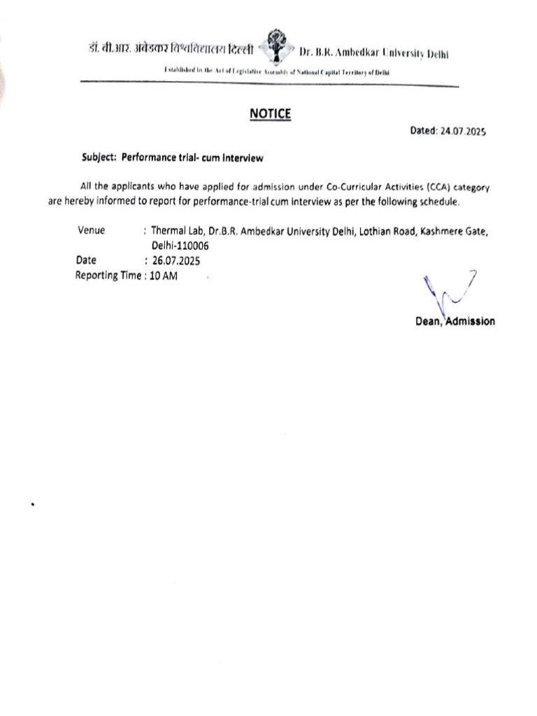 CCA Admission Performance Trial Notice | PDF