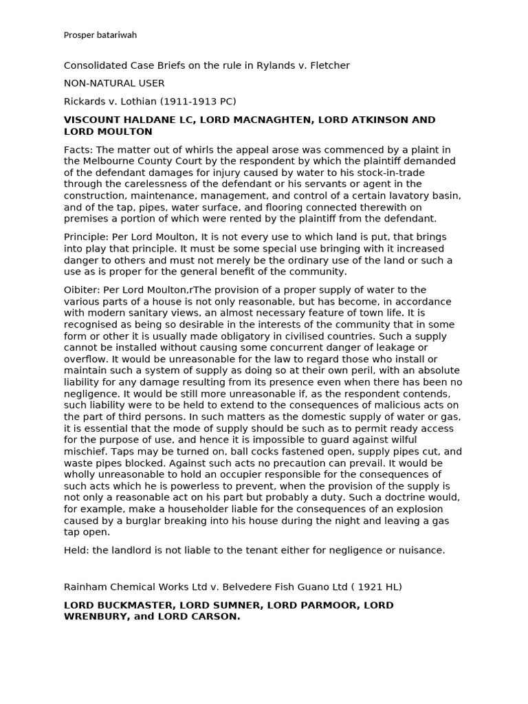 Rylands v. Fletcher Case Summaries | PDF | Negligence | Trespass