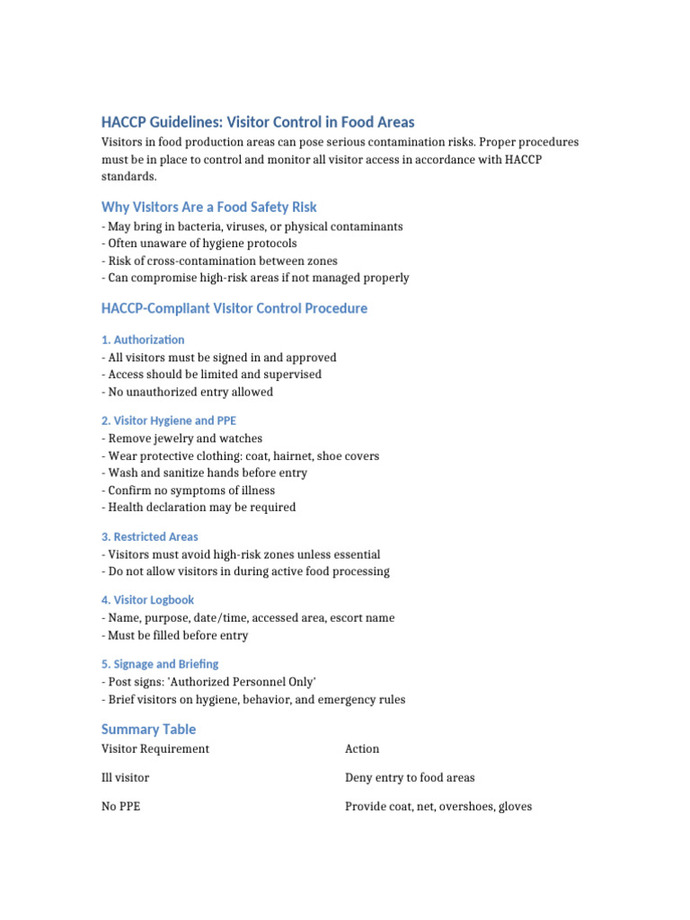 HACCP Visitor Control Guidelines | PDF